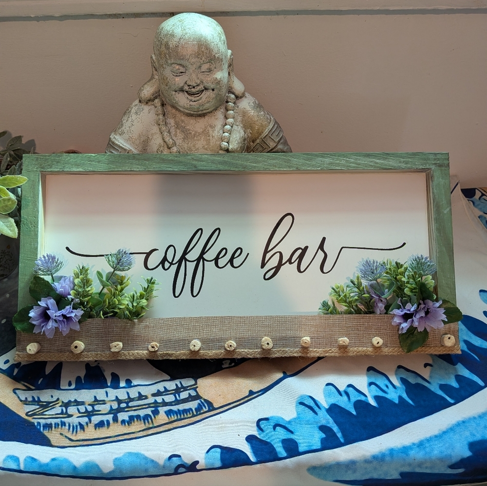 Coffee Bar Wooden Sign with Green Frame and Purple Floral Accents